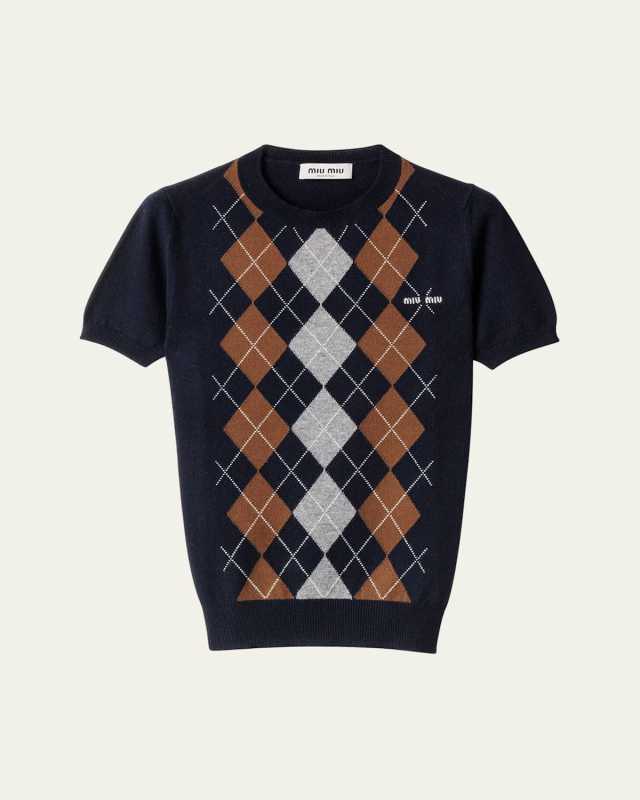 Cashmere Argyle Short-Sleeve Sweater